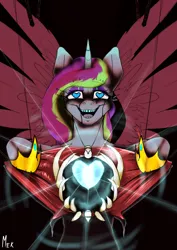 Size: 3508x4961 | Tagged: grimdark, artist:mekblue, derpibooru import, princess cadance, alicorn, bloodshot eyes, death, fake eyes, forced smile, guts, heart, heart eyes, hoof shoes, horn, image, looking at you, makeup, pins, png, princess shoes, puppet strings, ribs, running makeup, smiling, solo, wingding eyes, wings