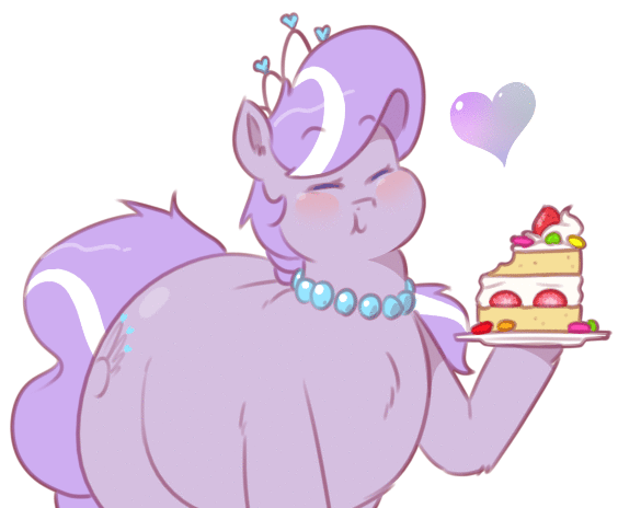Size: 564x464 | Tagged: safe, artist:secretgoombaman12345, derpibooru import, diamond tiara, silver spoon, earth pony, pony, ask chubby diamond, alternate cutie mark, animated, blushing, candy, chewing, chubby, chubby diamond, eating, eyes closed, fat, food, fusion, fusion:diamond tiara, fusion:silver spoon, gif, heart, image, jewelry, necklace, solo, strawberry, strawberry shortcake, tiara, wide hips