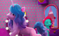 Size: 1744x1074 | Tagged: safe, derpibooru import, screencap, izzy moonbow, g5, my little pony: make your mark, spoiler:g5, spoiler:my little pony: make your mark, spoiler:my little pony: make your mark chapter 5, spoiler:mymc05e05, animated, curtains, faic, gif, image, izzy is best facemaker, jazz hooves, lightbulb, mane melody (location), mane smelody, mirror, my little pony: make your mark chapter 5, shrunken pupils, smelly, stink lines, visible stench, window