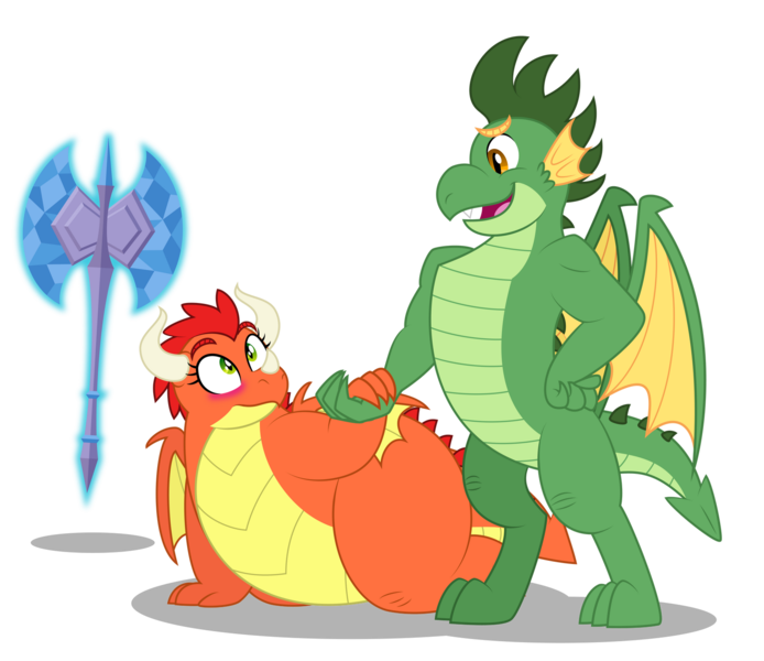 Size: 1600x1383 | Tagged: safe, artist:aleximusprime, derpibooru import, oc, oc:beo tuag, oc:billow the dragon, oc:scorch the dragon, unofficial characters only, dragon, fanfic:my big fat pink wedding, flurry heart's story, axe, blushing, dragon oc, dragoness, duo, duo male and female, fangs, fat, female, holding hands, image, looking at each other, looking at someone, love at first sight, male, non-pony oc, oc x oc, open mouth, png, shipping, shrunken pupils, simple background, standing, straight, transparent background, weapon