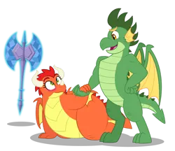 Size: 1600x1383 | Tagged: safe, artist:aleximusprime, derpibooru import, oc, oc:beo tuag, oc:billow the dragon, oc:scorch the dragon, unofficial characters only, dragon, fanfic:my big fat pink wedding, flurry heart's story, axe, blushing, dragon oc, dragoness, duo, duo male and female, fangs, fat, female, holding hands, image, looking at each other, looking at someone, love at first sight, male, non-pony oc, oc x oc, open mouth, png, shipping, shrunken pupils, simple background, standing, straight, transparent background, weapon