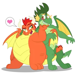 Size: 1600x1578 | Tagged: safe, artist:aleximusprime, derpibooru import, oc, oc:billow the dragon, oc:scorch the dragon, unofficial characters only, dragon, flurry heart's story, bedroom eyes, blushing, chin scratch, dragon oc, dragoness, duo, duo male and female, fat, female, flirting, grin, heart, hug, image, looking at each other, looking at someone, male, non-pony oc, oc x oc, open mouth, png, shipping, simple background, smiling, speech bubble, straight, tail, tail hug, transparent background, winghug, wings