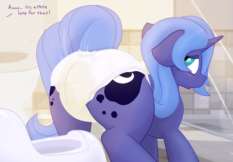 Size: 3100x2160 | Tagged: questionable, alternate version, artist:not_texmex, derpibooru import, princess luna, alicorn, pony, ass up, bathroom, blushing, cute, derpibooru exclusive, dialogue, diaper, diaper fetish, embarrassed, female, fetish, filly, filly luna, foal, image, looking back, offscreen character, png, potty, potty failure, potty training, raised tail, solo, solo female, tail, toilet, urine, wet diaper, white diaper, woona, younger