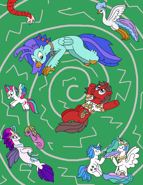 Size: 2389x3076 | Tagged: safe, artist:supahdonarudo, derpibooru import, discord, majesty, pluma, princess celestia, queen novo, sand dollar, zipp storm, oc, oc:ironyoshi, oc:sea lilly, bird, classical hippogriff, hippogriff, sea pony, seapony (g4), unicorn, g1, g5, my little pony: the movie, bow, camera, cup, flying, g4, happy birthday mlp:fim, holding, image, jewelry, looking at each other, looking at someone, mlp fim's thirteenth anniversary, necklace, plate, png, portal, scared, surprised, tail