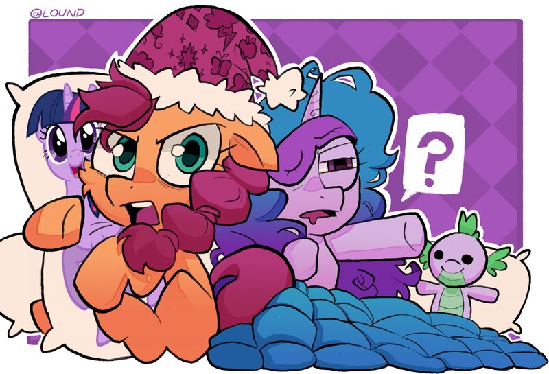 Size: 2200x1500 | Tagged: safe, artist:matterproblem, derpibooru import, izzy moonbow, spike, sunny starscout, twilight sparkle, g5, body pillow, covers, hat, image, jpeg, nightcap, question mark, sleep mask, sleepy, squint, sunny and her heroine