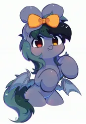 Size: 2012x2893 | Tagged: safe, artist:bubbletea, derpibooru import, oc, unofficial characters only, bat pony, bipedal, bow, cute, fangs, hair bow, heterochromia, image, jpeg, ocbetes, solo