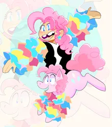 Size: 3289x3737 | Tagged: safe, artist:stevetwisp, derpibooru import, pinkie pie, human, clothes, cutie mark, duo, ear piercing, earring, humanized, image, jewelry, open mouth, open smile, piercing, png, self paradox, self ponidox, smiling, tooth gap, zoom layer