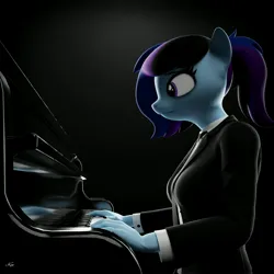 Size: 3840x3840 | Tagged: safe, artist:kenaga, derpibooru import, oc, oc:raven storm, anthro, earth pony, black background, clothes, earth pony oc, female, image, jpeg, musical instrument, piano, simple background, solo, suit, tied
