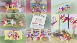 Size: 3000x1689 | Tagged: safe, derpibooru import, screencap, apple bloom, scootaloo, sweetie belle, trouble shoes, twilight sparkle, twilight sparkle (alicorn), alicorn, earth pony, horse, pegasus, pony, unicorn, appleoosa's most wanted, call of the cutie, crusaders of the lost mark, flight to the finish, hearts and hooves day (episode), one bad apple, ponyville confidential, the cutie mark chronicles, the show stoppers, twilight time, apple, cape, clothes, cmc cape, cutie mark crusaders, flashback, food, helmet, image, newspaper, png, zipline