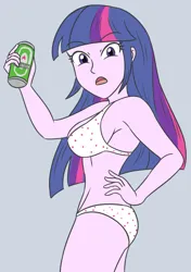 Size: 1957x2775 | Tagged: suggestive, artist:sumin6301, derpibooru import, twilight sparkle, human, equestria girls, alcohol, armpits, beer, bra, breasts, busty twilight sparkle, can, clothes, female, gray background, hand on hip, heineken, image, jpeg, legs, looking at you, midriff, panties, sideboob, simple background, solo, underwear