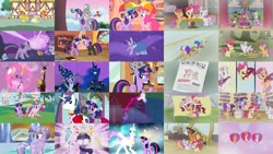 Size: 5000x2815 | Tagged: safe, derpibooru import, screencap, apple bloom, applejack, carrot top, cherry berry, discord, fluttershy, golden harvest, linky, pinkie pie, princess cadance, princess celestia, princess luna, rainbow dash, rarity, scootaloo, shining armor, shoeshine, spike, sweetie belle, twilight sparkle, twilight sparkle (alicorn), twinkleshine, alicorn, bird, crystal pony, draconequus, dragon, earth pony, pegasus, pony, unicorn, a canterlot wedding, appleoosa's most wanted, boast busters, call of the cutie, crusaders of the lost mark, feeling pinkie keen, flight to the finish, friendship is magic, hearts and hooves day (episode), it's about time, luna eclipsed, magical mystery cure, mmmystery on the friendship express, one bad apple, ponyville confidential, season 1, season 2, season 3, season 4, season 5, the crystal empire, the cutie mark chronicles, the return of harmony, the show stoppers, twilight time, winter wrap up, background pony, bridesmaid dress, broom, brother and sister, cape, celestia's ballad, clothes, cmc cape, comparison, crystallized, cutie mark, cutie mark crusaders, dress, element of generosity, element of honesty, element of kindness, element of laughter, element of loyalty, element of magic, elements of harmony, female, filly, filly twilight sparkle, future twilight, g4, gala dress, glow, glowing eyes, hat, helmet, image, male, mane six, pipe, png, royal guard, sherlock sparkle, show stopper outfits, siblings, star swirl the bearded costume, the cmc's cutie marks, umbrella hat, unicorn twilight, wall of tags, we'll make our mark, white eyes, young cadance, younger, zipline