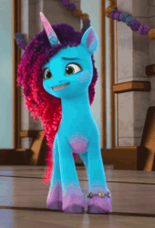 Size: 362x532 | Tagged: safe, derpibooru import, screencap, pony, unicorn, g5, my little pony: make your mark, spoiler:g5, spoiler:my little pony: make your mark, spoiler:my little pony: make your mark chapter 5, spoiler:mymc05e01, animated, cropped, cute, cutie blossom bash, female, gif, grin, image, mare, misty brightdawn, mistybetes, my little pony: make your mark chapter 5, nervous, nervous grin, smiling, solo
