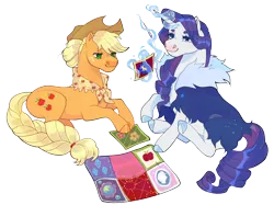 Size: 2048x1529 | Tagged: safe, artist:daffidaizy, derpibooru import, applejack, rarity, earth pony, pony, unicorn, duo, female, image, lesbian, magic, older, older applejack, older rarity, png, quilt, rarijack, shipping, simple background, transparent background