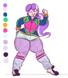 Size: 1067x1218 | Tagged: safe, artist:secretgoombaman12345, derpibooru import, diamond tiara, human, ask chubby diamond, 80's fashion, 80s, chubby, chubby diamond, clothes, eyes closed, fat, fist, hot pants, humanized, image, jpeg, pantyhose, ponytail, pose, posing for photo, shoes, sneakers, solo, thighs, thunder thighs, wide hips, zipper