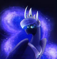 Size: 1570x1613 | Tagged: safe, artist:anomalousjester, derpibooru import, princess luna, alicorn, pony, black background, blue eyes, blue mane, blue tail, chest fluff, crown, curved horn, digital art, ear fluff, ethereal mane, ethereal tail, eyeshadow, feather, female, flowing mane, flowing tail, folded wings, g4, gem, horn, image, jewelry, looking at you, makeup, mare, night, peytral, png, regalia, signature, simple background, solo, sparkles, starry mane, starry tail, stars, tail, watermark, wings