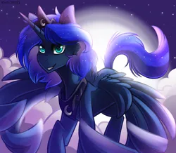 Size: 1280x1116 | Tagged: safe, artist:danyyuris, derpibooru import, princess luna, alicorn, pony, blue eyes, blue mane, blue tail, cloud, crown, cute, digital art, ethereal mane, ethereal tail, feather, female, flowing mane, flowing tail, flying, g4, happy, horn, image, jewelry, jpeg, mare, moon, moonlight, night, night sky, peytral, regalia, signature, sky, smiling, solo, sparkles, spread wings, stars, tail, teeth, wings