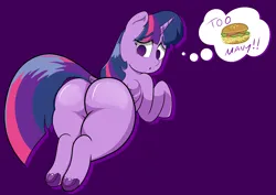 Size: 7016x4961 | Tagged: suggestive, artist:realgero, derpibooru import, twilight sparkle, twilight sparkle (alicorn), alicorn, pony, burger, butt, dock, female, food, frog (hoof), hay burger, image, looking back, lying down, mare, png, prone, simple background, solo, tail, the ass was fat, thinking, thought bubble, twibutt, twilight burgkle, underhoof