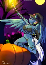 Size: 2000x2829 | Tagged: suggestive, artist:cali luminos, derpibooru import, oc, oc:pegapet, anthro, pegasus, boots, clothes, commission, equine, female, halloween, hat, high heel boots, holiday, image, jpeg, lingerie, magic wand, moon, night, pumpkin, shoes, skimpy outfit, solo, witch, witch hat, ych result