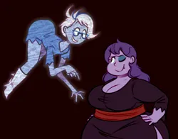 Size: 1280x1006 | Tagged: safe, alternate version, artist:secretgoombaman12345, derpibooru import, diamond tiara, silver spoon, ghost, human, undead, vampire, ask chubby diamond, belt, big breasts, boots, breasts, brown background, chubby, chubby diamond, clothes, costume, dress, duo, fat, female, flying, glow, halloween, halloween costume, hand on hip, holiday, humanized, image, jpeg, large butt, looking at each other, looking at someone, one eye closed, shoes, simple background, thighs, thunder thighs, vampire costume, wide hips, wink
