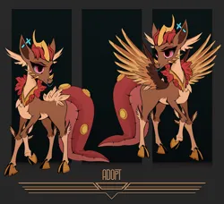 Size: 2016x1836 | Tagged: safe, artist:realypse, derpibooru import, oc, dragon, hybrid, original species, pony, unicorn, adoptable, auction, barely pony related, brown, dragoness, female, femboy, girly, gold, image, jpeg, light skin, male, nose piercing, nose ring, piercing, pinki, red, red eyes, solo, wings, yellow