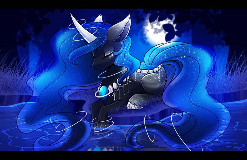 Size: 1900x1230 | Tagged: safe, artist:greenstorm64, derpibooru import, oc, unofficial characters only, original species, pond pony, pony, blue mane, blue tail, commission, digital art, ethereal mane, ethereal tail, eyes closed, flowing mane, flowing tail, forest, g4, gem, grass, horn, image, jewelry, lying down, male, moon, necklace, night, pearl necklace, png, pond, solo, sparkles, stallion, stars, tail, tree, unshorn fetlocks, water