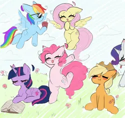 Size: 2700x2560 | Tagged: safe, artist:arwencuack, derpibooru import, applejack, fluttershy, pinkie pie, rainbow dash, rarity, twilight sparkle, twilight sparkle (alicorn), alicorn, earth pony, pegasus, pony, unicorn, :p, :t, applejack's hat, blushing, book, cloud, cowboy hat, eyebrows, eyes closed, female, flower, flying, folded wings, g4, grass, group, hat, high res, horn, image, jpeg, lying down, mane six, mare, mlp fim's thirteenth anniversary, open mouth, open smile, prone, reading, sextet, sitting, smiling, spread wings, sunglasses, tongue out, wings