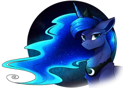 Size: 1746x1252 | Tagged: safe, artist:greenstorm64, derpibooru import, princess luna, alicorn, pony, abstract background, blue eyes, blue mane, chest fluff, commission, crown, digital art, ethereal mane, eyelashes, eyeshadow, female, flowing mane, g4, glowing mane, horn, image, jewelry, looking at you, makeup, mare, night, peytral, png, regalia, solo, starry mane, stars