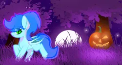 Size: 7709x4119 | Tagged: safe, artist:fededash, derpibooru import, oc, oc:sunrise heaven, unofficial characters only, bat pony, pony, absurd resolution, halloween, holiday, image, jack-o-lantern, moon, night, png, pumpkin, solo, stars, tree