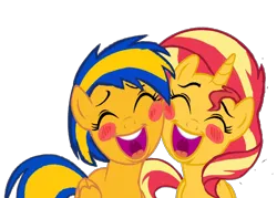 Size: 1280x915 | Tagged: safe, artist:mlpfan3991, derpibooru import, sunset shimmer, oc, oc:flare spark, pegasus, pony, unicorn, blushing, eyes closed, female, flareset, image, lesbian, open mouth, png, shipping, simple background, singing, smiling, transparent background