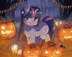 Size: 2500x2000 | Tagged: safe, artist:ponchik_art, derpibooru import, twilight sparkle, pony, spider, unicorn, autumn, bow, bush, candle, candy, chest fluff, cute, detailed background, ear fluff, female, food, forest, hair bow, halloween, holiday, image, jack-o-lantern, looking at you, mare, png, pumpkin, skull, solo, sparkles, tree, twiabetes