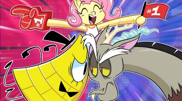 Size: 703x392 | Tagged: safe, artist:davidbaronart, derpibooru import, discord, fluttershy, bill cipher, blue, bowtie, cheering, death battle, exploitable meme, eyes closed, faceoff, finger, flag, gravity falls, hat, image, jpeg, looking at each other, looking at someone, meme, number one, red, rooting, screenshots, top hat, triangle, versus, youtube link, youtube thumbnail