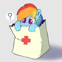 Size: 1500x1500 | Tagged: safe, artist:talimingi, derpibooru import, rainbow dash, pegasus, pony, bag, cute, dashabetes, female, gray background, image, jpeg, mare, paper bag, pony in a bag, question mark, simple background, solo, thought bubble