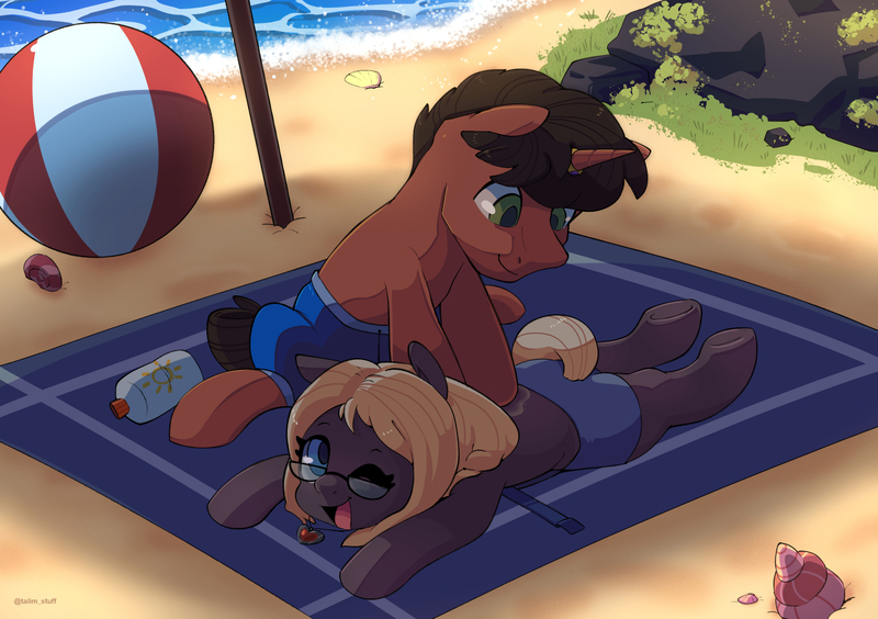 Size: 1500x1058 | Tagged: safe, artist:talimingi, derpibooru import, oc, unofficial characters only, earth pony, pony, unicorn, beach, beach ball, beach towel, clothes, commission, duo, duo male and female, female, glasses, image, jpeg, lying down, male, mare, one eye closed, open mouth, open smile, prone, smiling, sploot, stallion, sunscreen, swimming trunks, swimsuit, towel