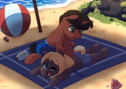 Size: 1500x1058 | Tagged: safe, artist:talimingi, derpibooru import, oc, unofficial characters only, earth pony, pony, unicorn, beach, beach ball, beach towel, clothes, commission, duo, duo male and female, female, glasses, image, jpeg, lying down, male, mare, one eye closed, open mouth, open smile, prone, smiling, sploot, stallion, sunscreen, swimming trunks, swimsuit, towel