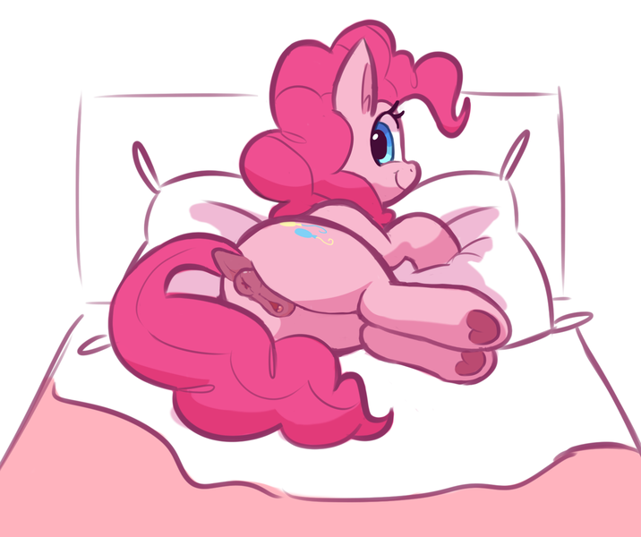 Size: 1455x1219 | Tagged: explicit, artist:deerie, derpibooru import, pinkie pie, earth pony, pony, anus, balloonbutt, bed, butt, clitoris, colored, cute, cute porn, dark genitals, dock, female, frog (hoof), hooves, image, laying on bed, looking at you, looking back, looking back at you, lying down, mare, nudity, on bed, pillow, plot, png, ponut, side, simple background, smiling, smiling at you, solo, solo female, tail, underhoof, vulva, vulvar winking, white background