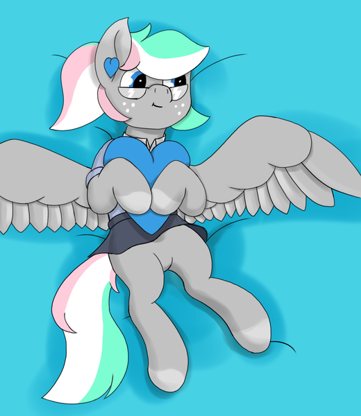 Size: 2480x2859 | Tagged: safe, artist:frilanka, derpibooru import, oc, oc:shirley flow, unofficial characters only, pegasus, pony, clothes, female, glasses, heart, holding, hug, image, looking sideways, lying down, mare, on back, pegasus oc, pillow, pillow hug, png, skirt, wings