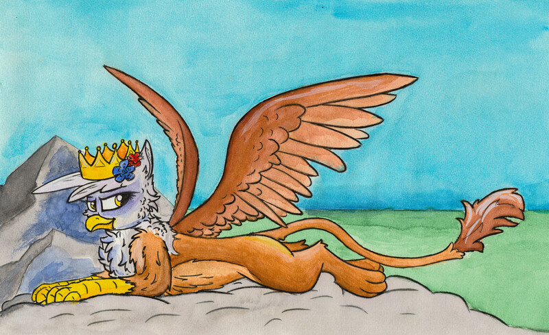 Size: 13585x8302 | Tagged: safe, artist:pzkratzer, derpibooru import, gilda, gryphon, absurd resolution, crown, female, image, jewelry, jpeg, lying down, prone, queen gilda, regalia, solo, traditional art