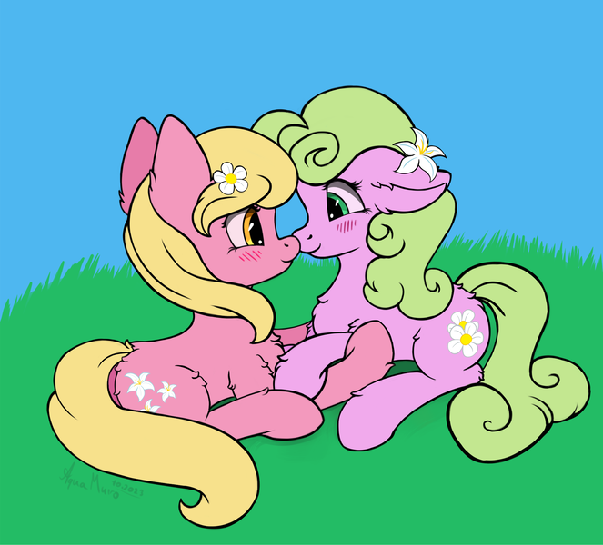 Size: 2106x1905 | Tagged: safe, artist:aquamuro, derpibooru import, daisy, flower wishes, lily, lily valley, earth pony, pony, art trade, background pony, blushing, chest fluff, cute, ear fluff, female, flower, flower in hair, fluffy, holding hooves, image, looking at each other, looking at someone, mare, png, shipping, signature, simple background