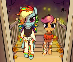 Size: 5200x4400 | Tagged: safe, artist:dacaoo, derpibooru import, rainbow dash, scootaloo, fanfic:rainbow factory, bandage, blurry background, candy, clothes, costume, fanfic art, food, halloween, halloween costume, holiday, image, leaves, offscreen character, png, porch, pov, pumpkin, rainbow factory dash