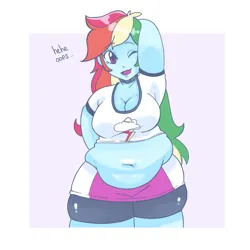 Size: 3116x3116 | Tagged: suggestive, artist:lun4ch4n, derpibooru import, rainbow dash, human, equestria girls, bbw, belly, belly button, big belly, breasts, busty rainbow dash, chubby, clothes, fat, fat boobs, female, high res, image, large belly, one eye closed, png, rainblob dash, shirt, solo, solo female, thighs, thunder thighs, tubby wubby pony waifu, wink