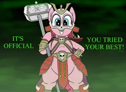 Size: 2048x1492 | Tagged: safe, artist:legendoflink, derpibooru import, pinkie pie, earth pony, pony, bipedal, clothes, cosplay, costume, female, grin, hammer, hoof hold, image, jpeg, looking at you, low angle, mare, mortal kombat, pinktober, shao kahn, smiling, smiling at you, solo, talking to viewer, text, war hammer, weapon