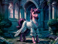 Size: 4096x3072 | Tagged: safe, derpibooru import, machine learning generated, twilight sparkle, pony, unicorn, ai content, butt, castle, clothes, dress, ear fluff, female, flower, fluffy, fur, garden, hooves, horn, image, lips, looking at you, mare, night, outdoors, png, prompter:kalmar, purple eyes, purple skin, smiling, smiling at you, solo, standing, tail, unicorn twilight, victorian dress, white dress