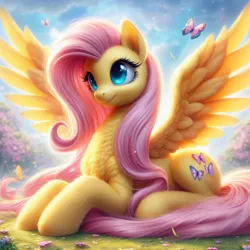 Size: 1024x1024 | Tagged: safe, machine learning generated, ponerpics import, ponybooru import, fluttershy, butterfly, insect, pegasus, pony, ai content, bing, female, fluffy, image, jpeg, mare, prehensile tail, prone, solo focus, spread wings, tail hold, wings