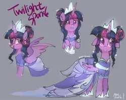 Size: 2048x1623 | Tagged: safe, artist:petaltwinkle, derpibooru import, twilight sparkle, twilight sparkle (alicorn), alicorn, pony, the last problem, alternate hairstyle, blushing, clothes, coronation dress, crown, cute, dress, ear piercing, earring, female, floppy ears, gray background, grin, hair bun, image, jewelry, jpeg, mare, name, piercing, regalia, second coronation dress, signature, simple background, smiling, solo, spread wings, twiabetes, wings