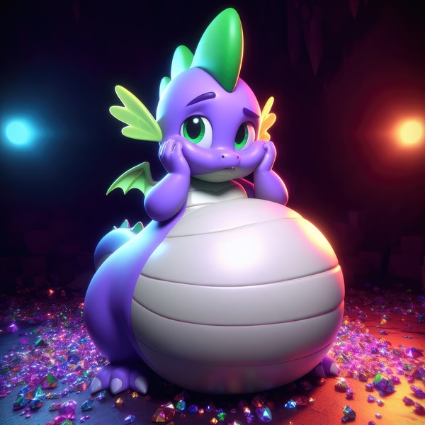 Size: 4096x4096 | Tagged: questionable, derpibooru import, machine learning generated, spike, dragon, ai content, belly, bhm, big belly, fat, fat spike, gem, generator:dall-e 3, huge belly, image, jpeg, male, prompter:tgut, solo, stuffed