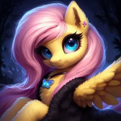 Size: 1024x1024 | Tagged: safe, machine learning generated, ponerpics import, ponybooru import, fluttershy, pegasus, pony, ai content, beautiful, bing, cheek fluff, chest fluff, clothes, ear fluff, ears, eyeshadow, female, fluffy, image, jewelry, jpeg, leg fluff, looking at you, makeup, mare, night, sapphire, solo, wing fluff