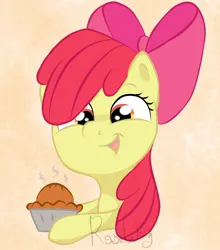 Size: 1188x1348 | Tagged: safe, artist:flutterbug18, derpibooru import, apple bloom, earth pony, pony, baking, female, filly, foal, food, image, jpeg, open mouth, pie, ponytober, ponytober 2023, solo