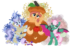 Size: 1280x842 | Tagged: safe, artist:monochrome-sunsets, derpibooru import, oc, oc:iris, oc:irish bell, oc:witch hazel, unofficial characters only, pegasus, pony, unicorn, candy, clothes, costume, female, food, halloween, holiday, image, jack-o-lantern, leaves, mare, mummy costume, nightmare night costume, png, pumpkin, pumpkin bucket, simple background, transparent background