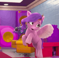 Size: 966x960 | Tagged: safe, derpibooru import, screencap, pipp petals, g5, my little pony: make your mark, spoiler:g5, spoiler:my little pony: make your mark, spoiler:my little pony: make your mark chapter 5, spoiler:mymc05e05, adorapipp, animated, chair, cute, flying, gif, image, mane smelody, my little pony: make your mark chapter 5, speaker, spinning