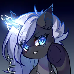 Size: 1457x1457 | Tagged: safe, artist:alus, derpibooru import, oc, oc:penumbra shard, unofficial characters only, unicorn, bust, female, horn, image, looking at you, magic, png, portrait, smiling, smiling at you, solo, solo female, unicorn oc